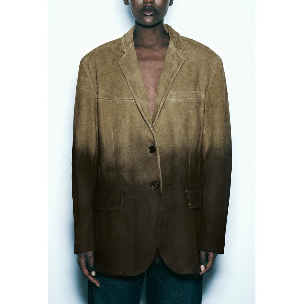 ZARA Leather Collection Ombre Dip Dye Suede Blazer Tan Black Womens S NWT